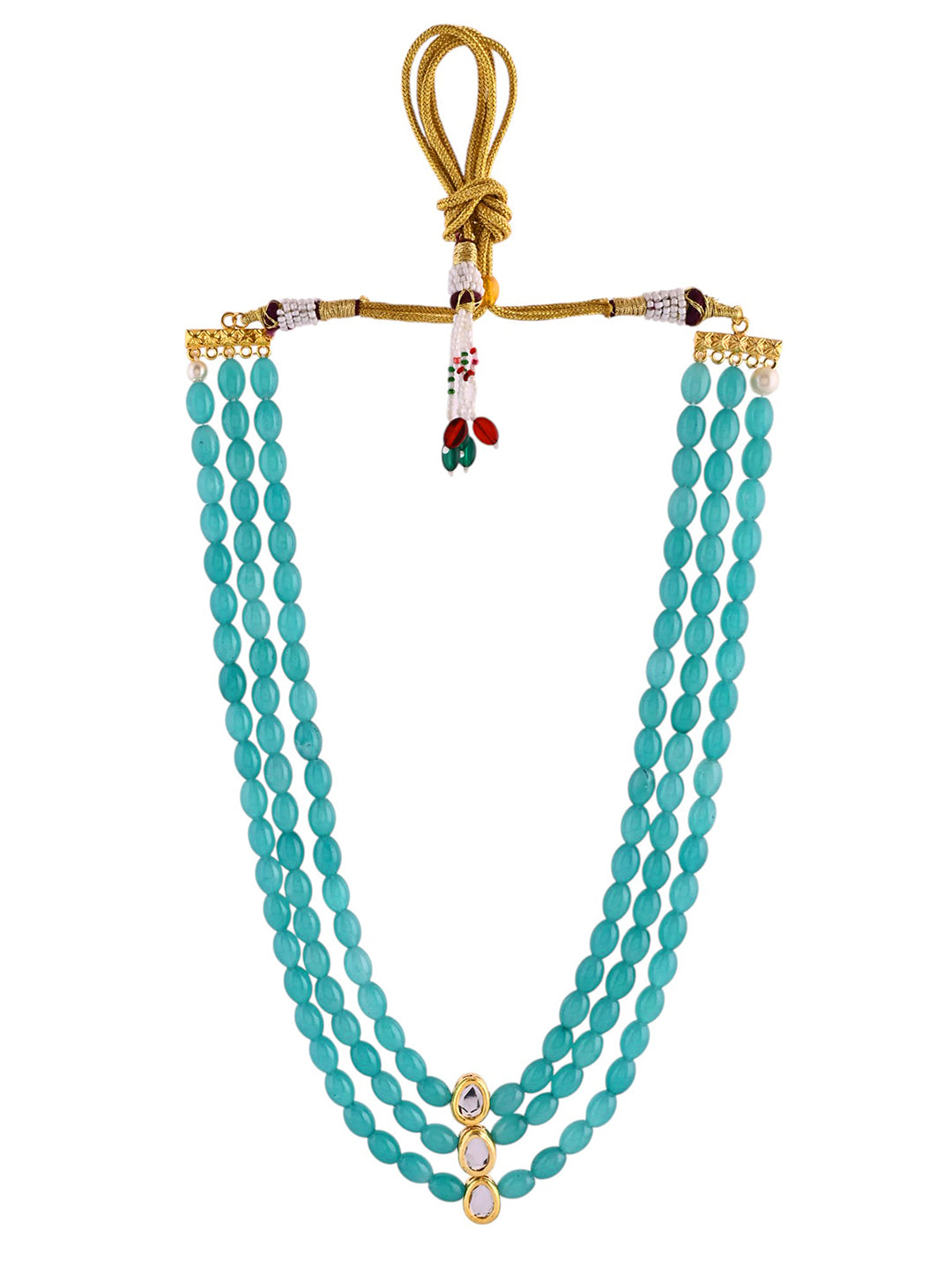 Aqua Blue Triple-Strand Beaded Ethnic Necklace With Kundan Drops For Women