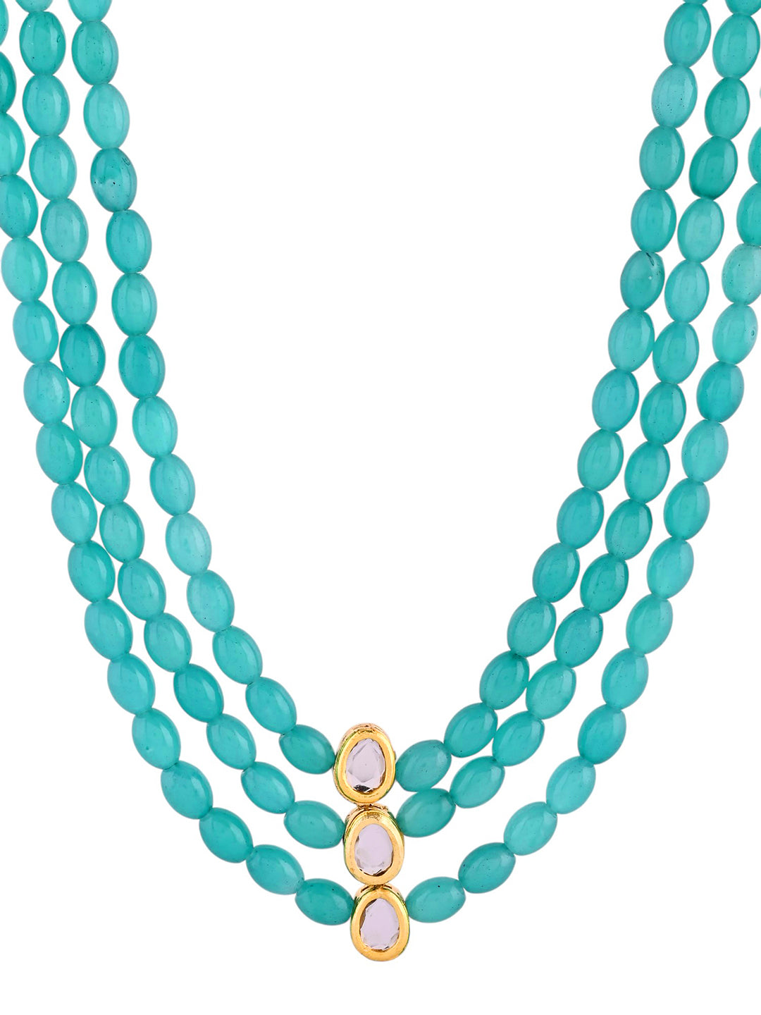 Aqua Blue Triple-Strand Beaded Ethnic Necklace With Kundan Drops For Women