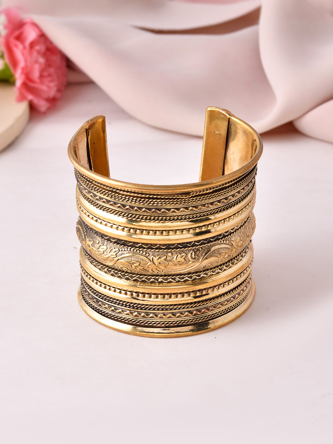 Antique Gold Wide Cuff Bracelet For Women | Boho Statement Kada