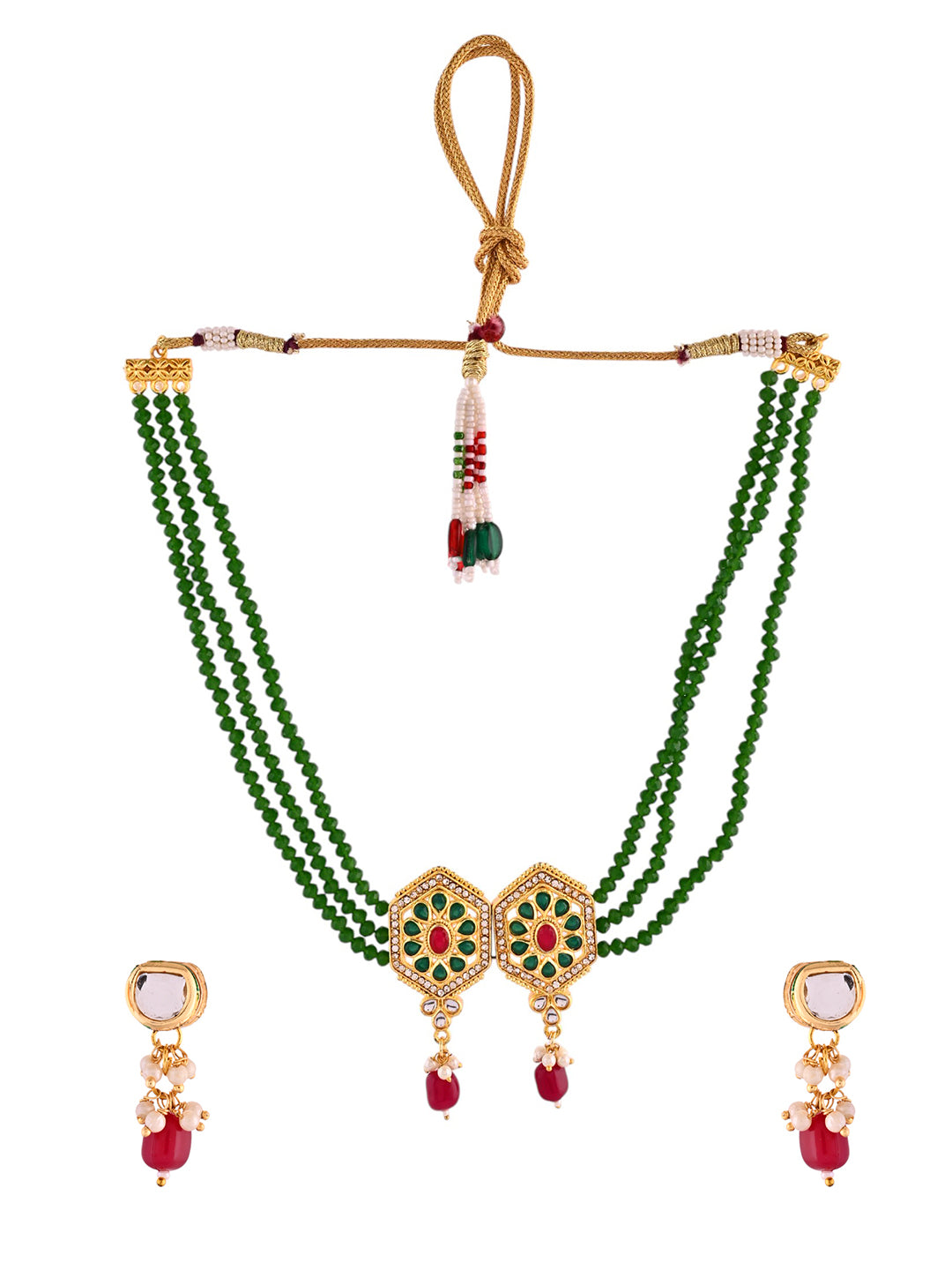 Gold-Plated Multi-Layer Green Bead Jewellery Set | Traditional Ethnic Bridal Set For Women