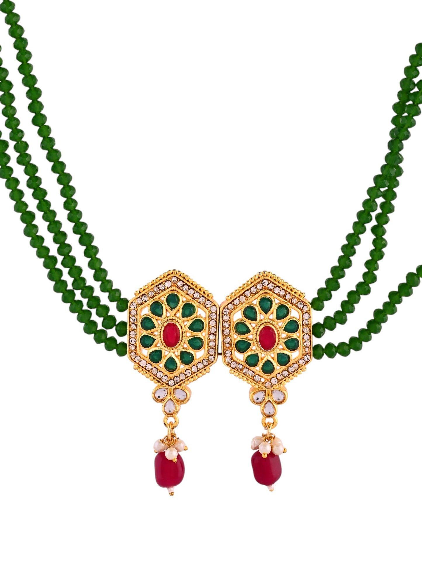 Gold-Plated Multi-Layer Green Bead Jewellery Set | Traditional Ethnic Bridal Set For Women