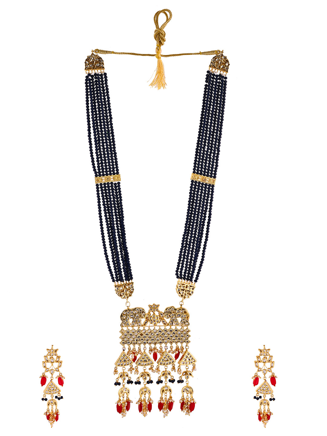 Long Blue Beaded Kundan Necklace Set For Women | Traditional Temple Jewellery
