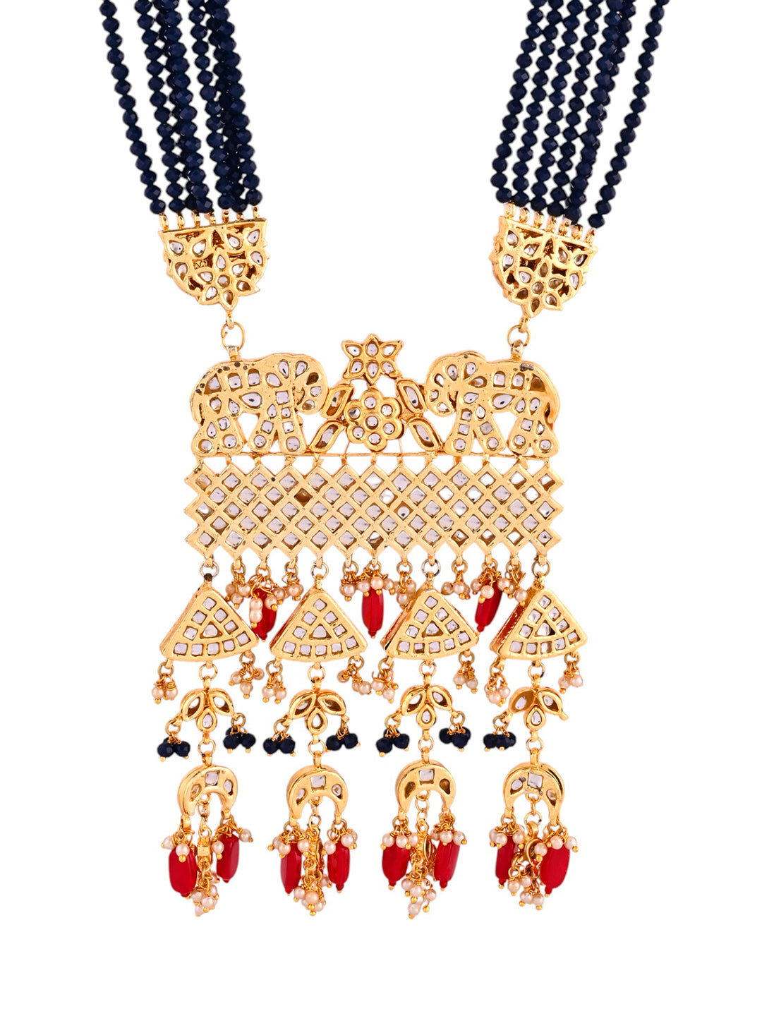 Long Blue Beaded Kundan Necklace Set For Women | Traditional Temple Jewellery