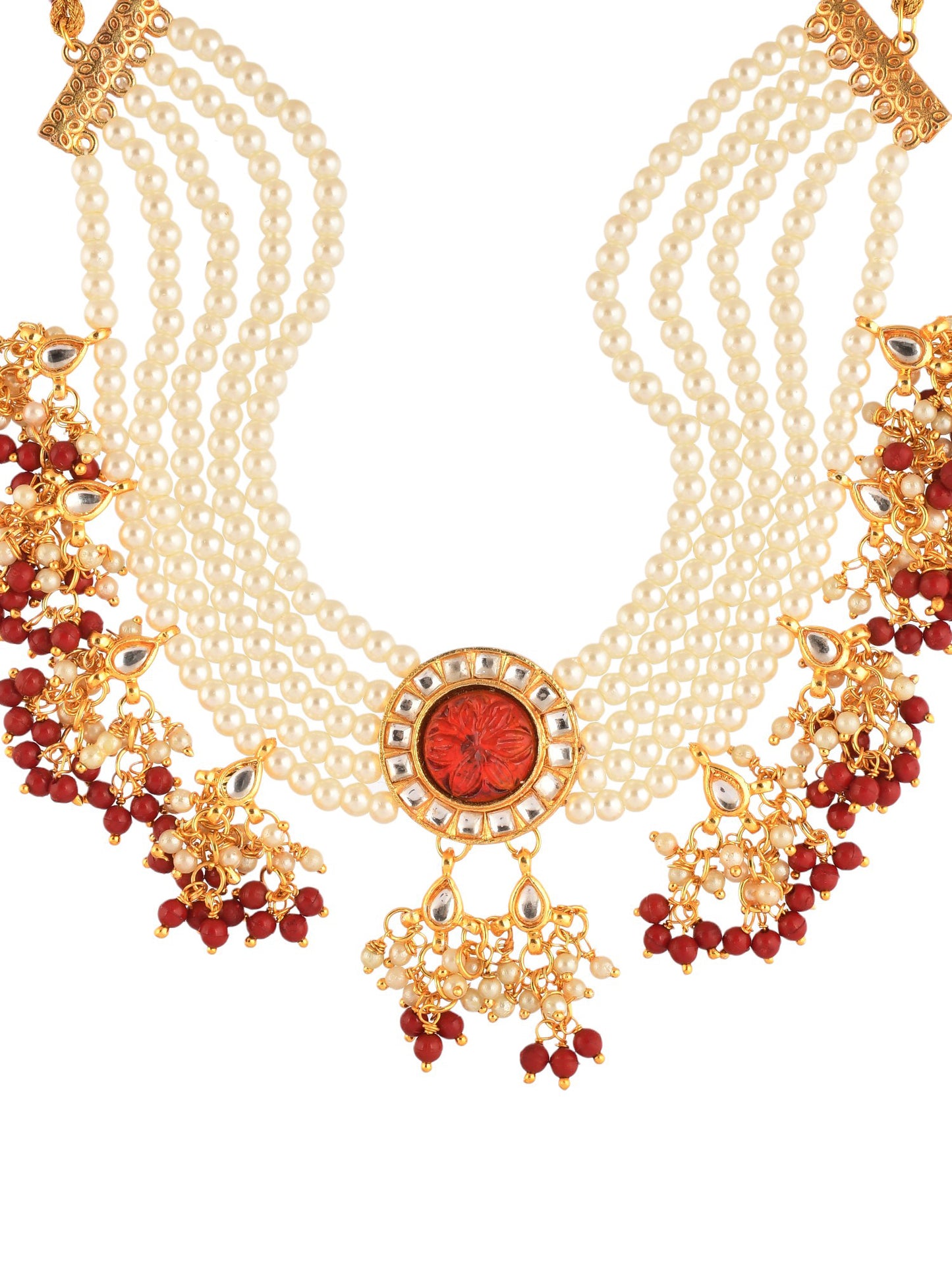 Ethnic Kundan & Pearls Multi Layers Bridal Necklace Set For Women