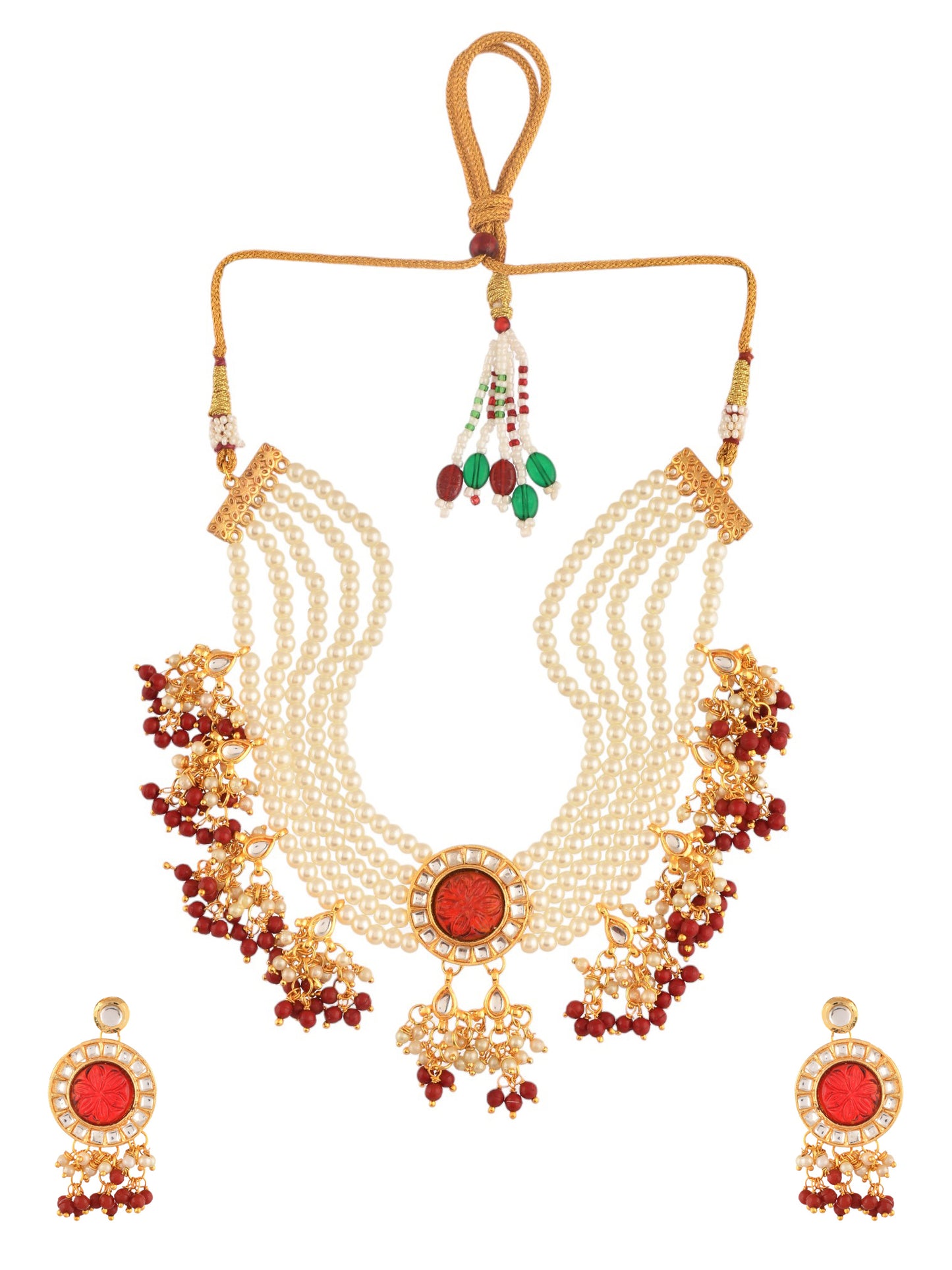 Ethnic Kundan & Pearls Multi Layers Bridal Necklace Set For Women