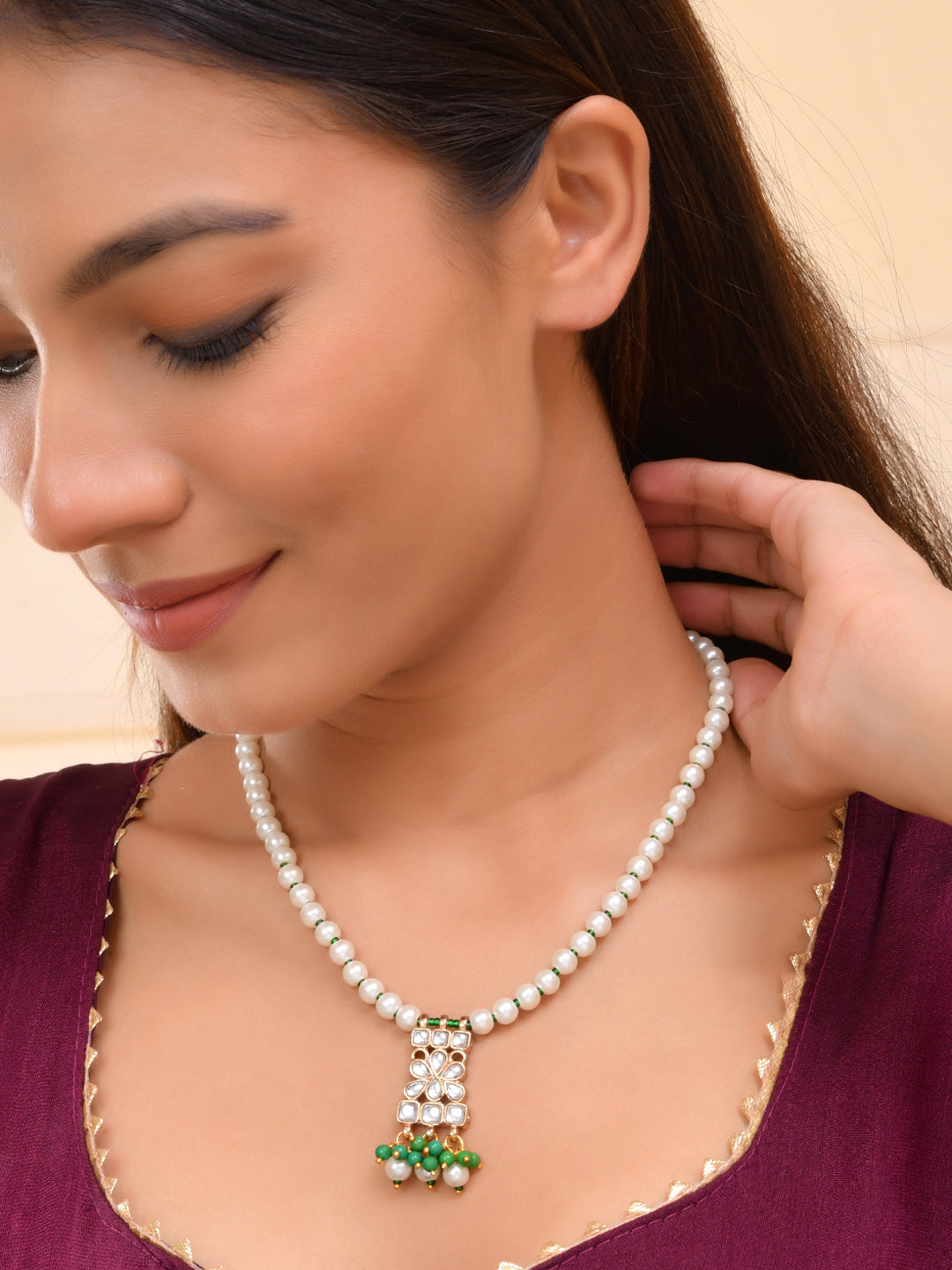 Kundan Pearl & Green Bead Necklace Set For Women