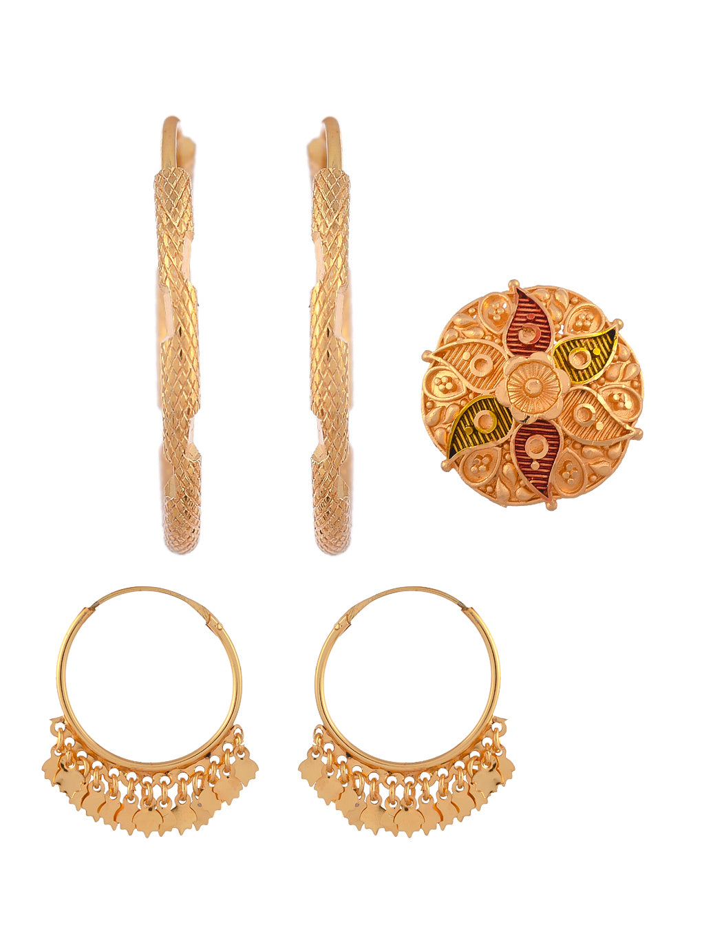 Combo of 3 Gold Plated Meenakari Angoothi And Designer Hoop earrings