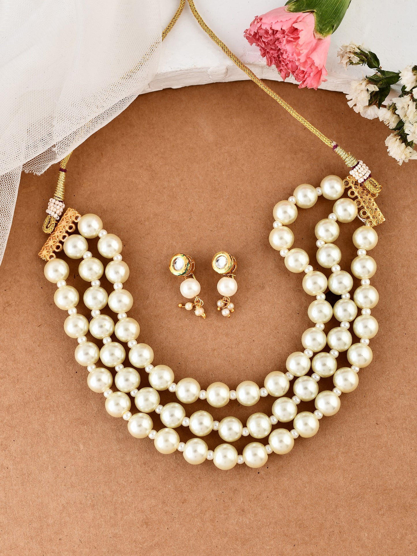 Gold-Plated & White pearl Necklace and Earrings