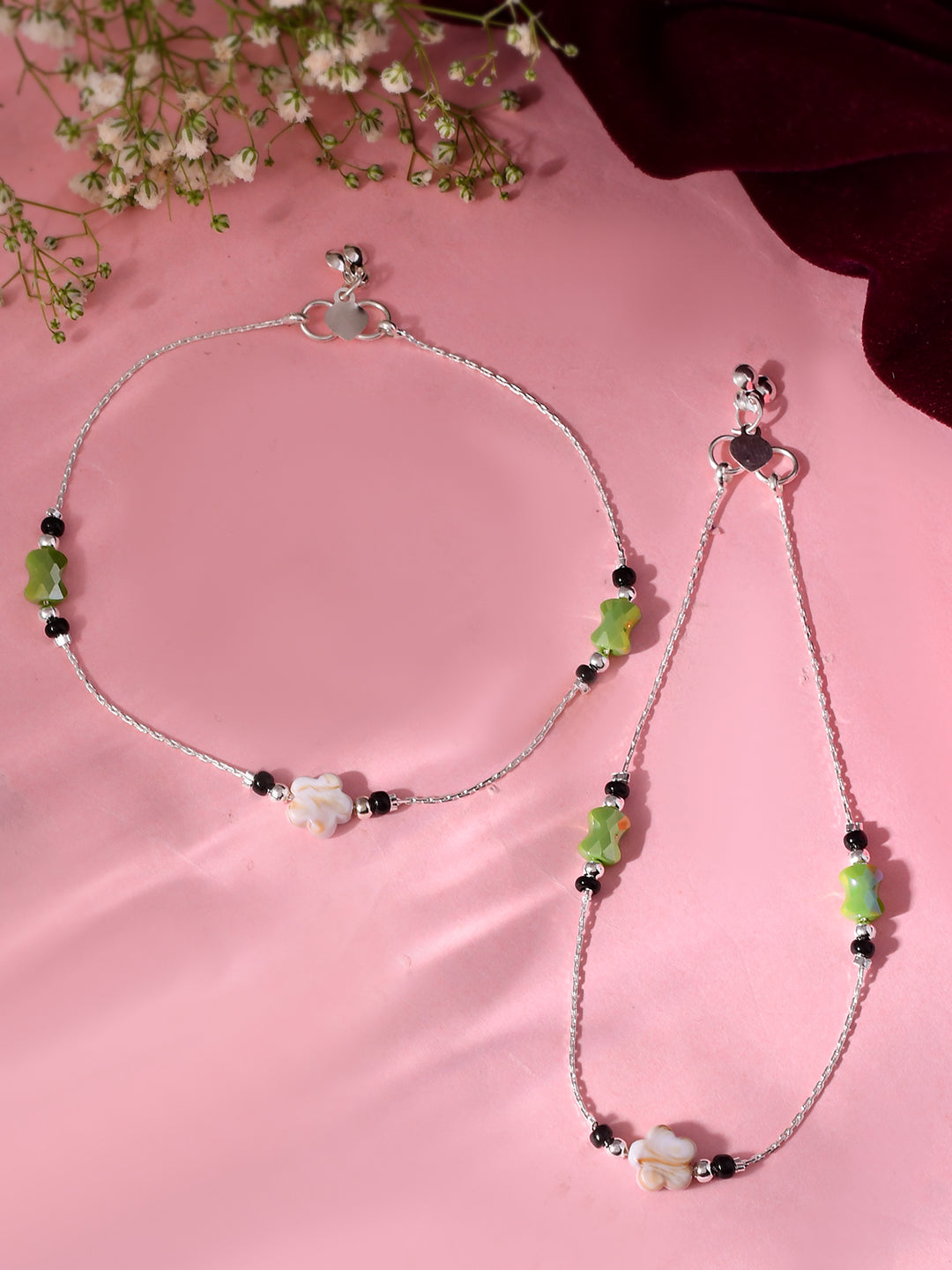 Silver-Plated Floral Beaded Anklet For Women | Traditional Indian Payal Set