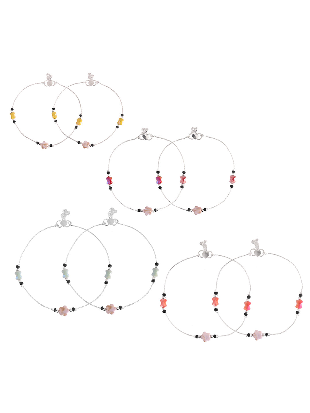 Multicolor Floral Beaded Silver-Plated Adjustable Anklet Set for Women & Girls– 5 Pairs | Ethnic Payal Jewellery