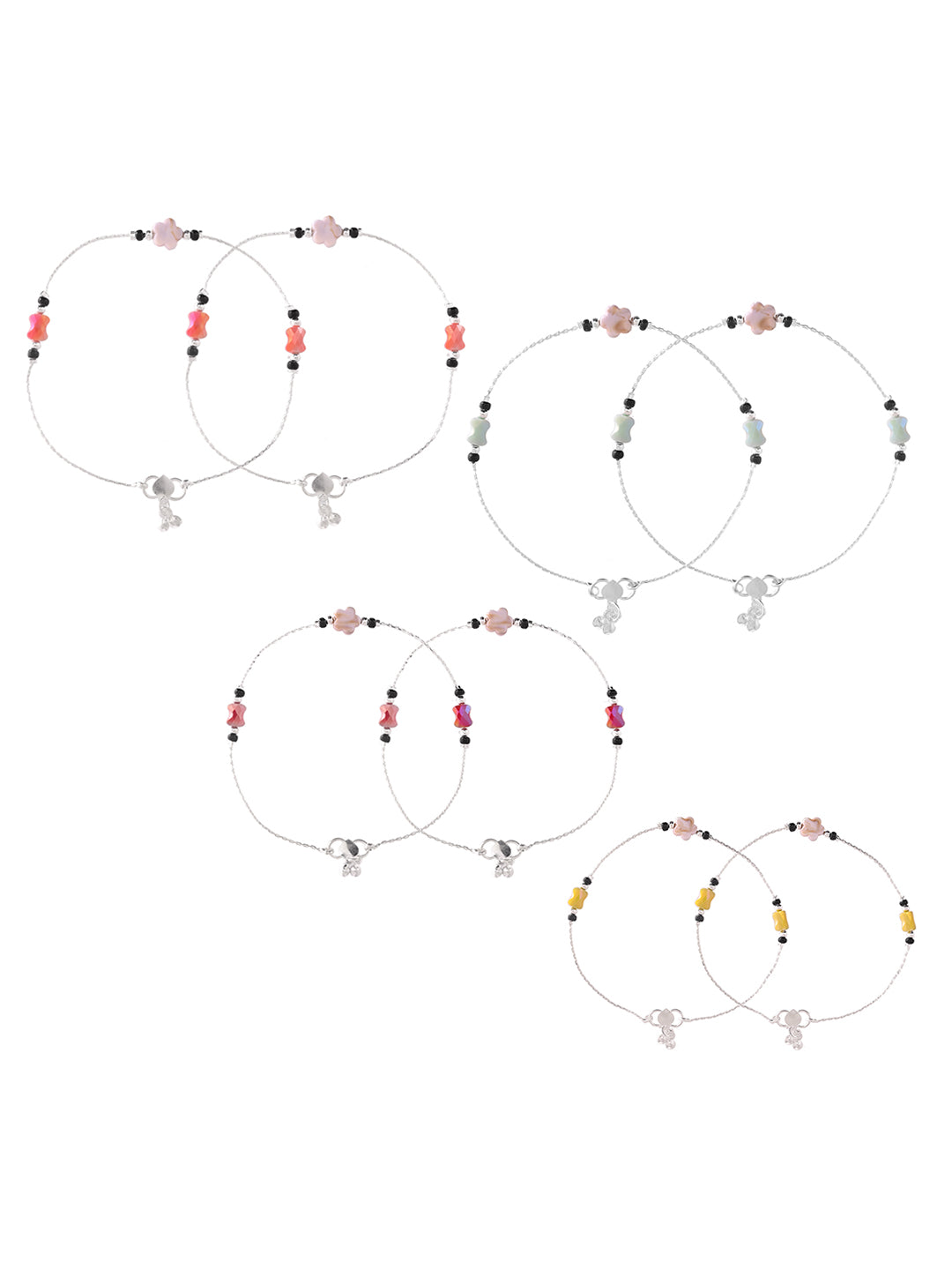 Multicolor Floral Beaded Silver-Plated Adjustable Anklet Set for Women & Girls– 5 Pairs | Ethnic Payal Jewellery