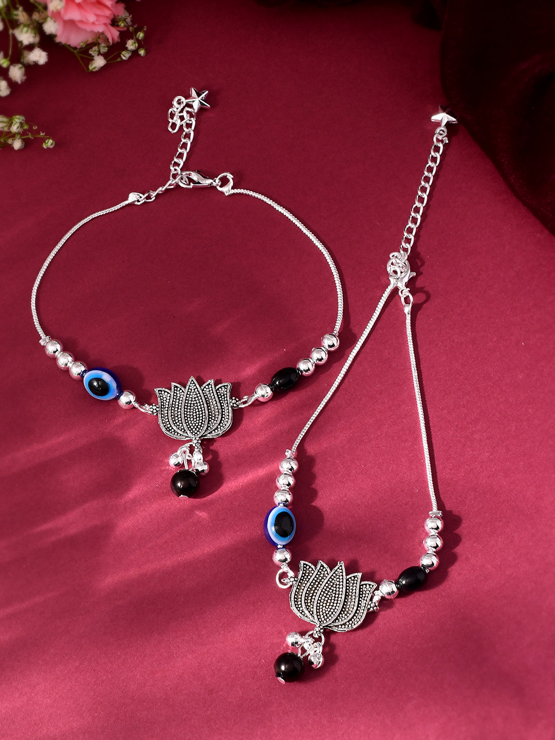 Oxidised Silver-Plated Evil Eye Anklet Set For Women | Adjustable Payal  Jewellery
