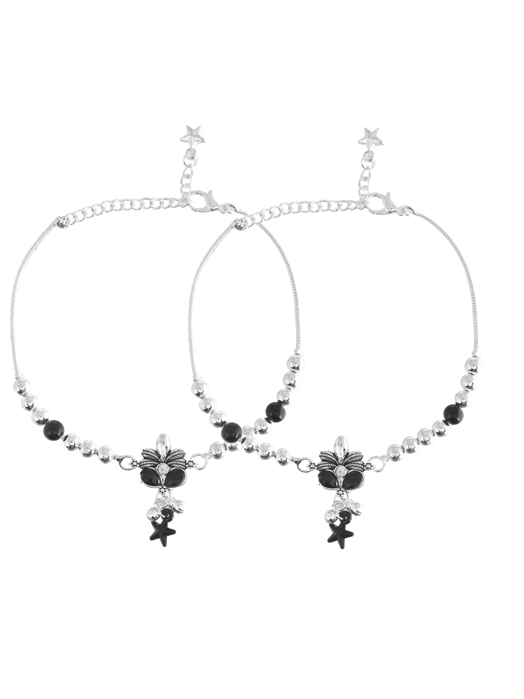 Silver-Plated Floral Charm Anklet Pair For Women | Adjustable Payal Jewellery