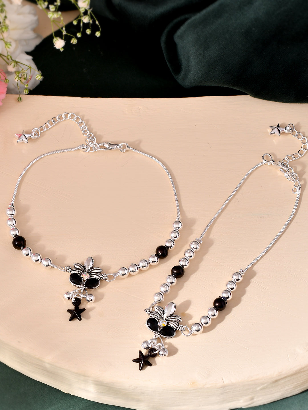Silver-Plated Floral Charm Anklet Pair For Women | Adjustable Payal Jewellery