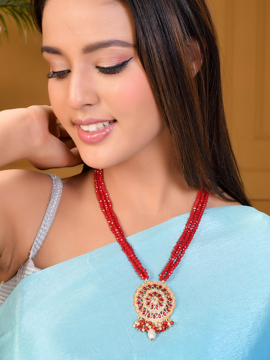 Multi Strand Red Beaded Necklace with Gold Plated Pendant For Women & girls