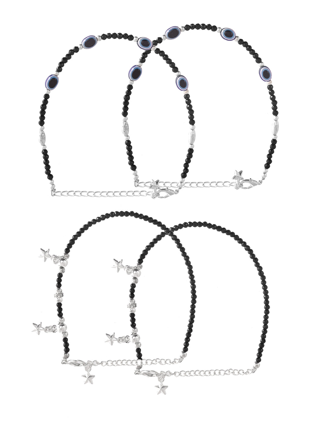 Black Beaded Silver-Plated Adjustable Anklet Set For Women & Girls – Pack of 4 | Ethnic Payal Jewellery