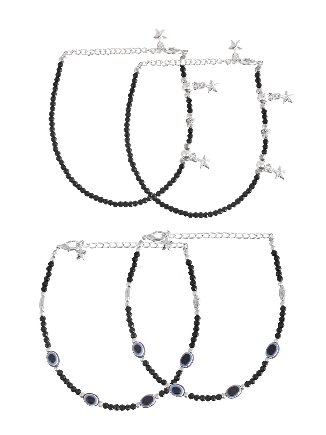 Black Beaded Silver-Plated Adjustable Anklet Set For Women & Girls – Pack of 4 | Ethnic Payal Jewellery