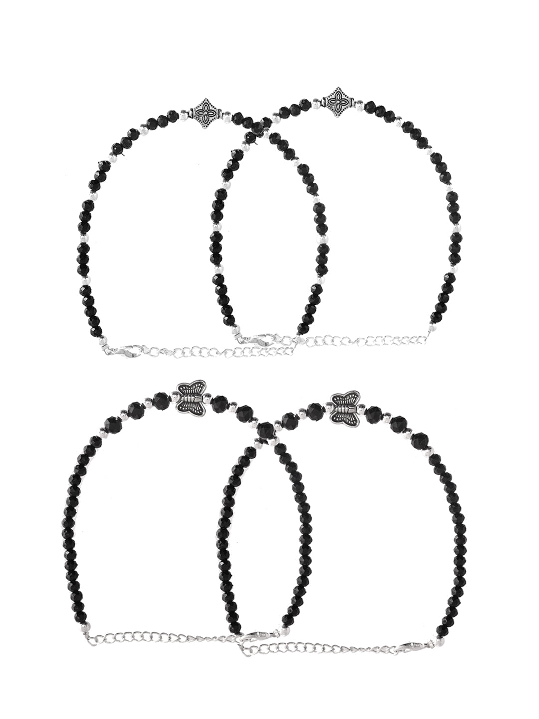 Black Beaded Silver-Plated Anklet Set For Women | Adjustable Payal Jewellery