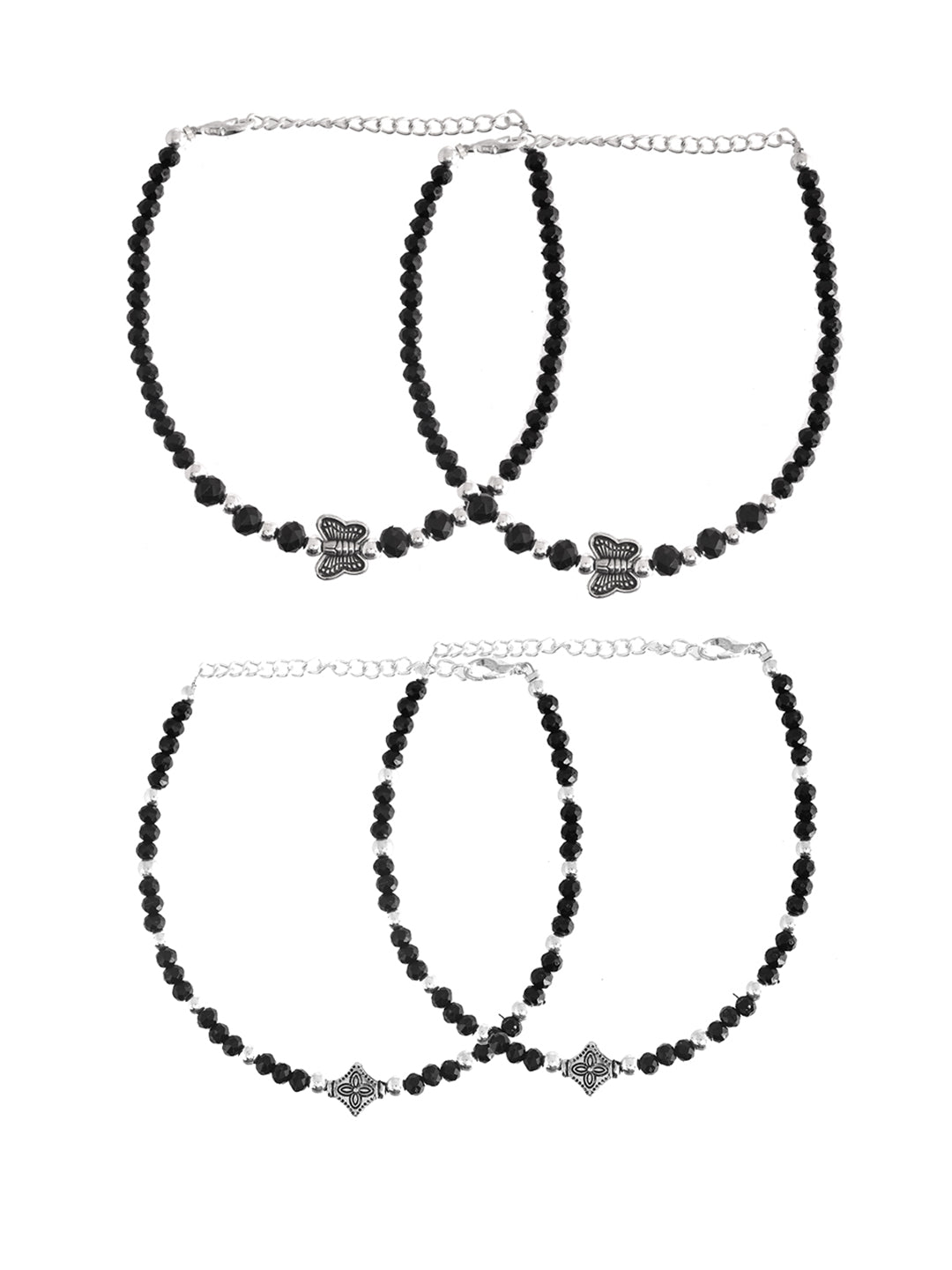 Black Beaded Silver-Plated Anklet Set For Women | Adjustable Payal Jewellery