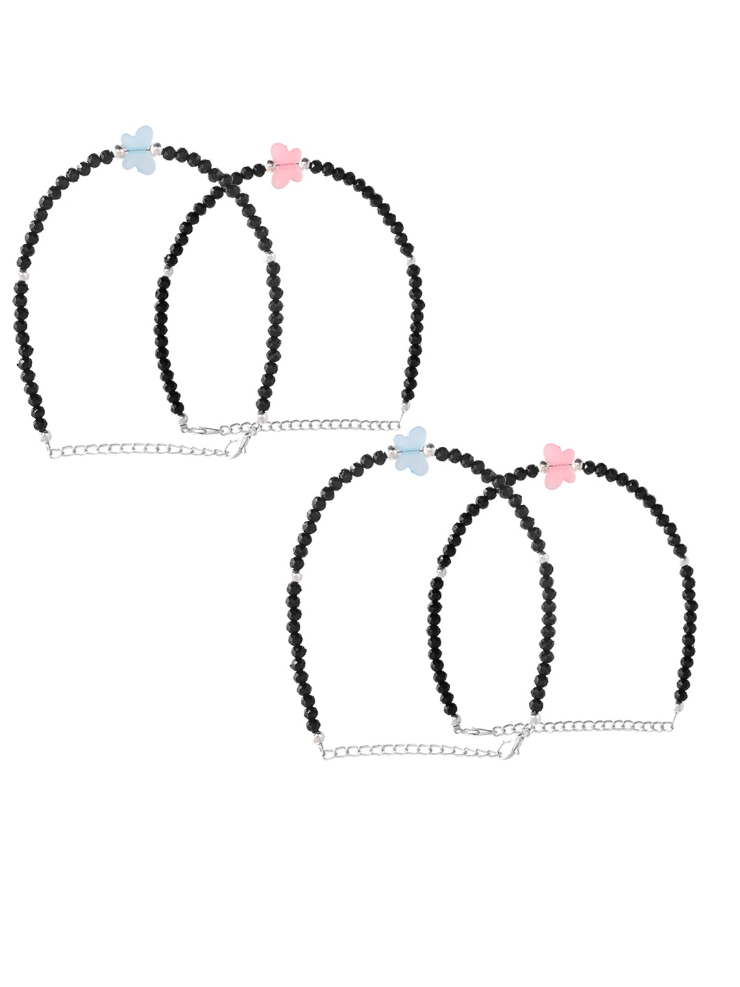 Black Beaded Butterfly Charm Silver-Plated Anklet Set For Women – Pack of 4 | Adjustable Ethnic Payal Jewellery