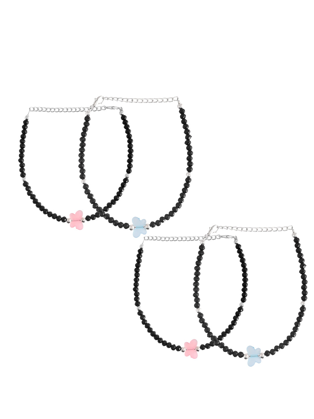 Black Beaded Butterfly Charm Silver-Plated Anklet Set For Women – Pack of 4 | Adjustable Ethnic Payal Jewellery