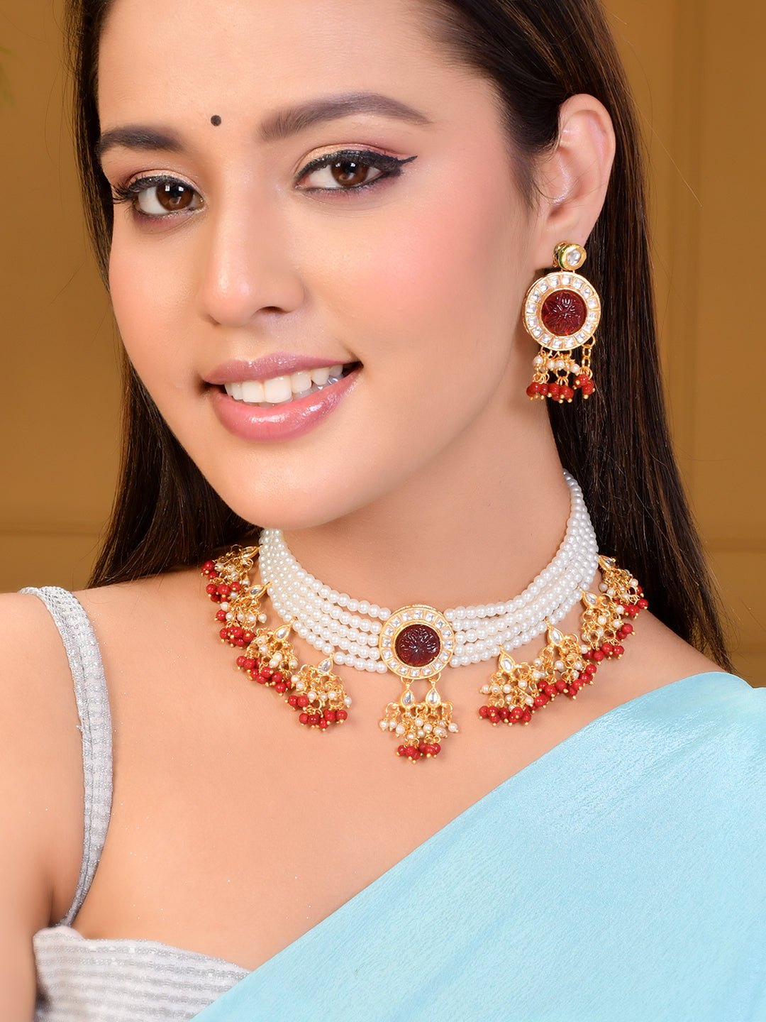 Ethnic Kundan & Pearls Multi Layers Bridal Necklace Set For Women