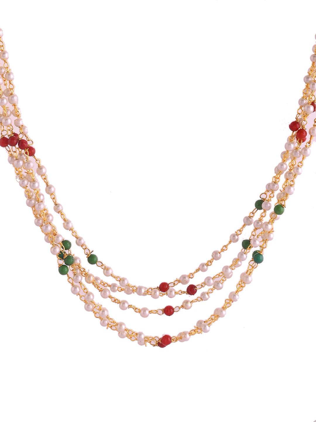 Gold-Plated Multi-Layer Pearl Beaded Necklace & Earrings Set For Women | Traditional Red & Green Beads Jewellery | Festive & Ethnic Wear