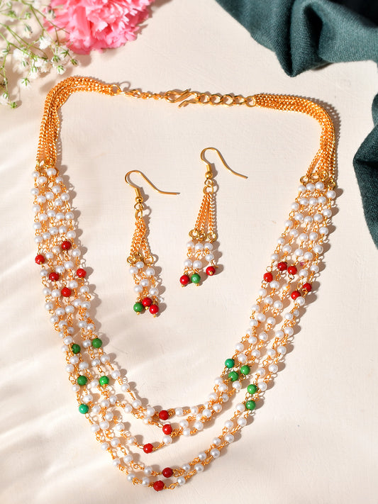 Gold-Plated Multi-Layer Pearl Beaded Necklace & Earrings Set For Women | Traditional Red & Green Beads Jewellery | Festive & Ethnic Wear