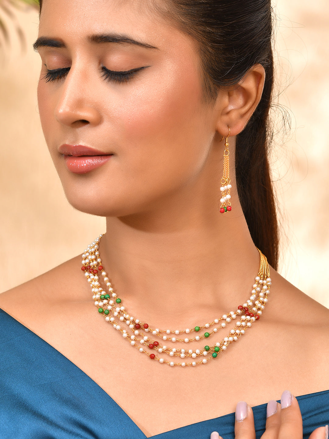 Gold-Plated Multi-Layer Pearl Beaded Necklace & Earrings Set For Women | Traditional Red & Green Beads Jewellery | Festive & Ethnic Wear