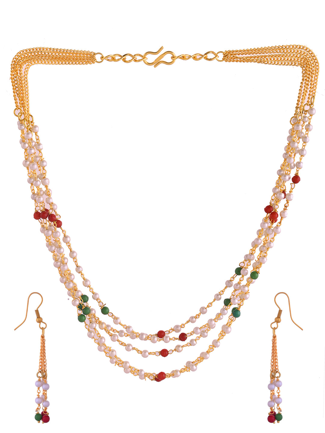 Gold-Plated Multi-Layer Pearl Beaded Necklace & Earrings Set For Women | Traditional Red & Green Beads Jewellery | Festive & Ethnic Wear