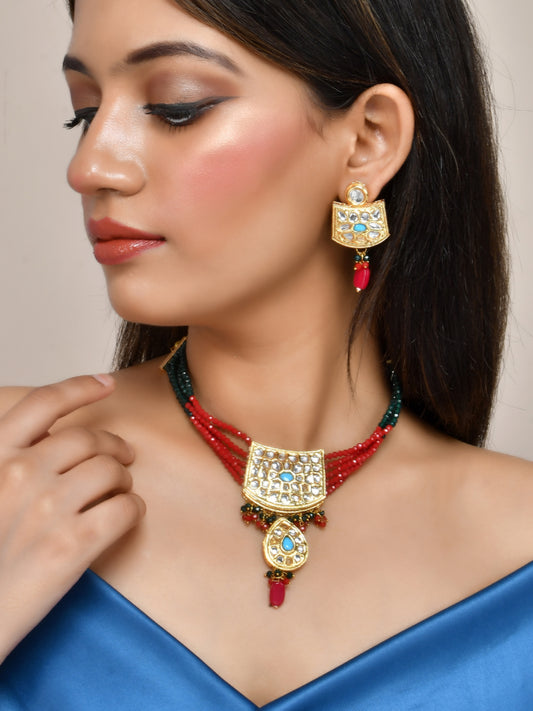 Red Green Choker Kundan Jewellery Set
