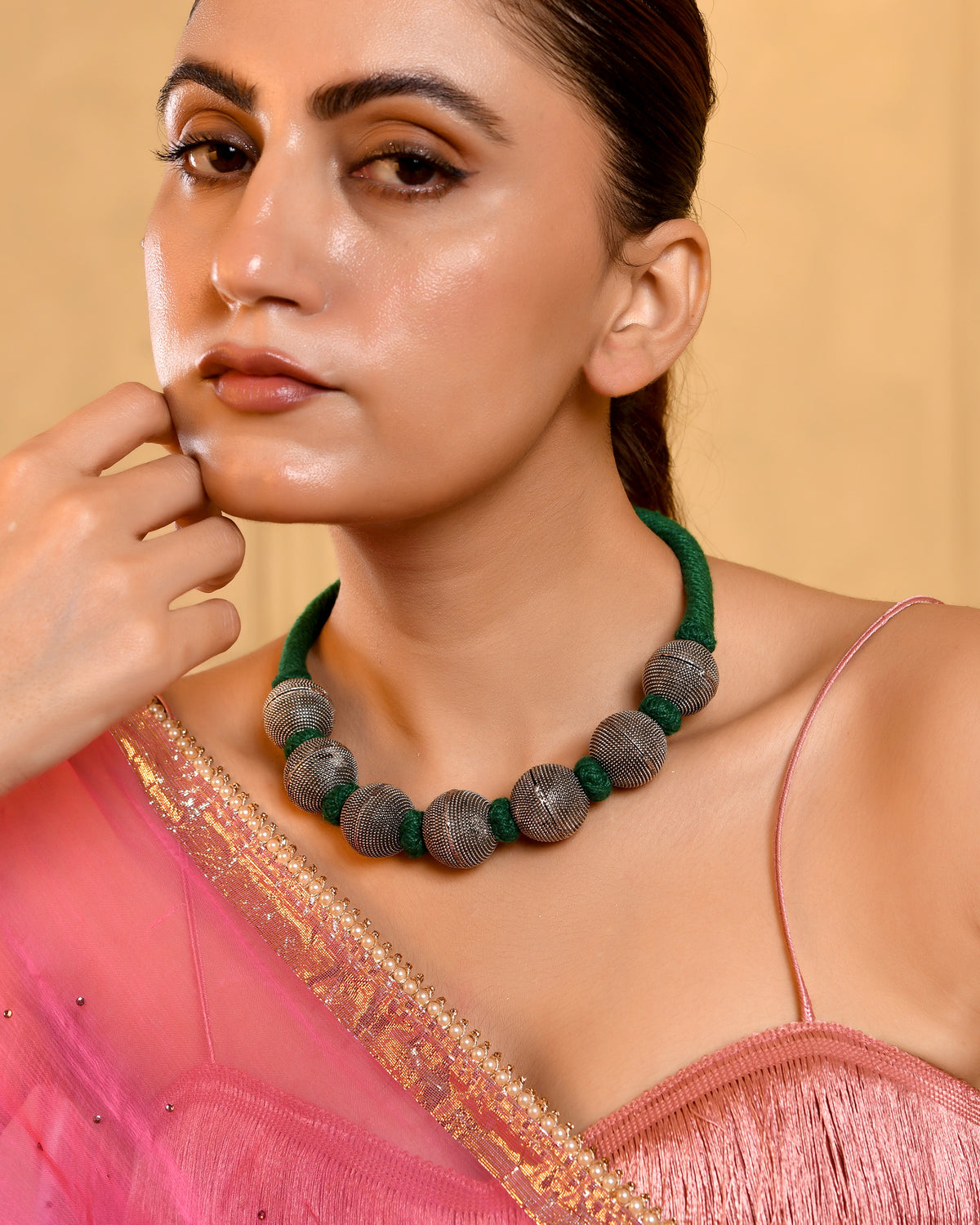 Green Thread Oxidised Necklace for Women | Silver-Toned Beaded Choker Necklace | Boho Ethnic Artificial Jewellery