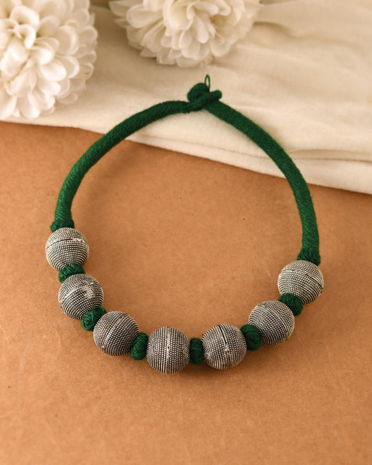Green Thread Oxidised Necklace for Women | Silver-Toned Beaded Choker Necklace | Boho Ethnic Artificial Jewellery