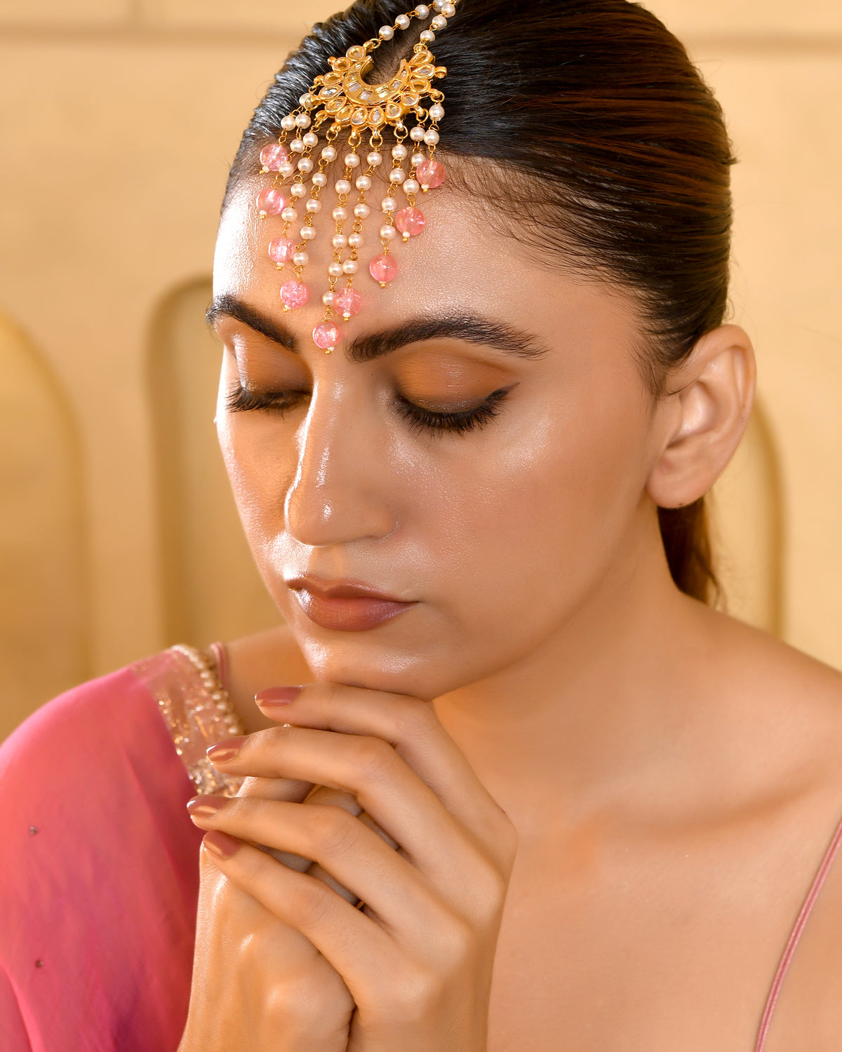 Pearl & Pink Beaded Hair Chain Jewellery for Women | Traditional Hair Accessory for Wedding & Festive Occasions