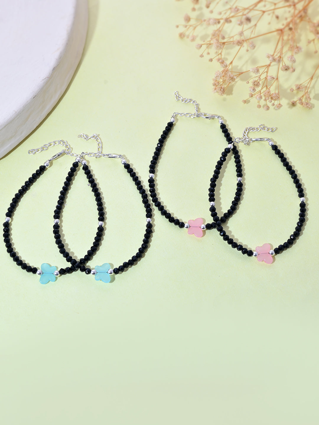 Black Beaded Butterfly Charm Silver-Plated Anklet Set For Women – Pack of 4 | Adjustable Ethnic Payal Jewellery
