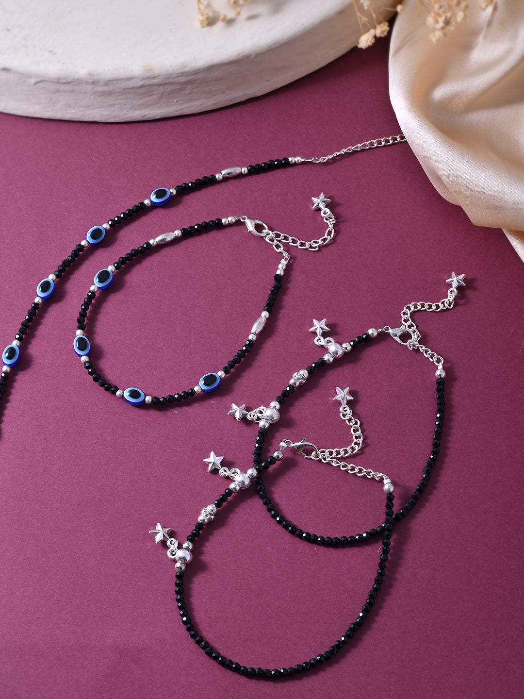 Black Beaded Silver-Plated Adjustable Anklet Set For Women & Girls – Pack of 4 | Ethnic Payal Jewellery