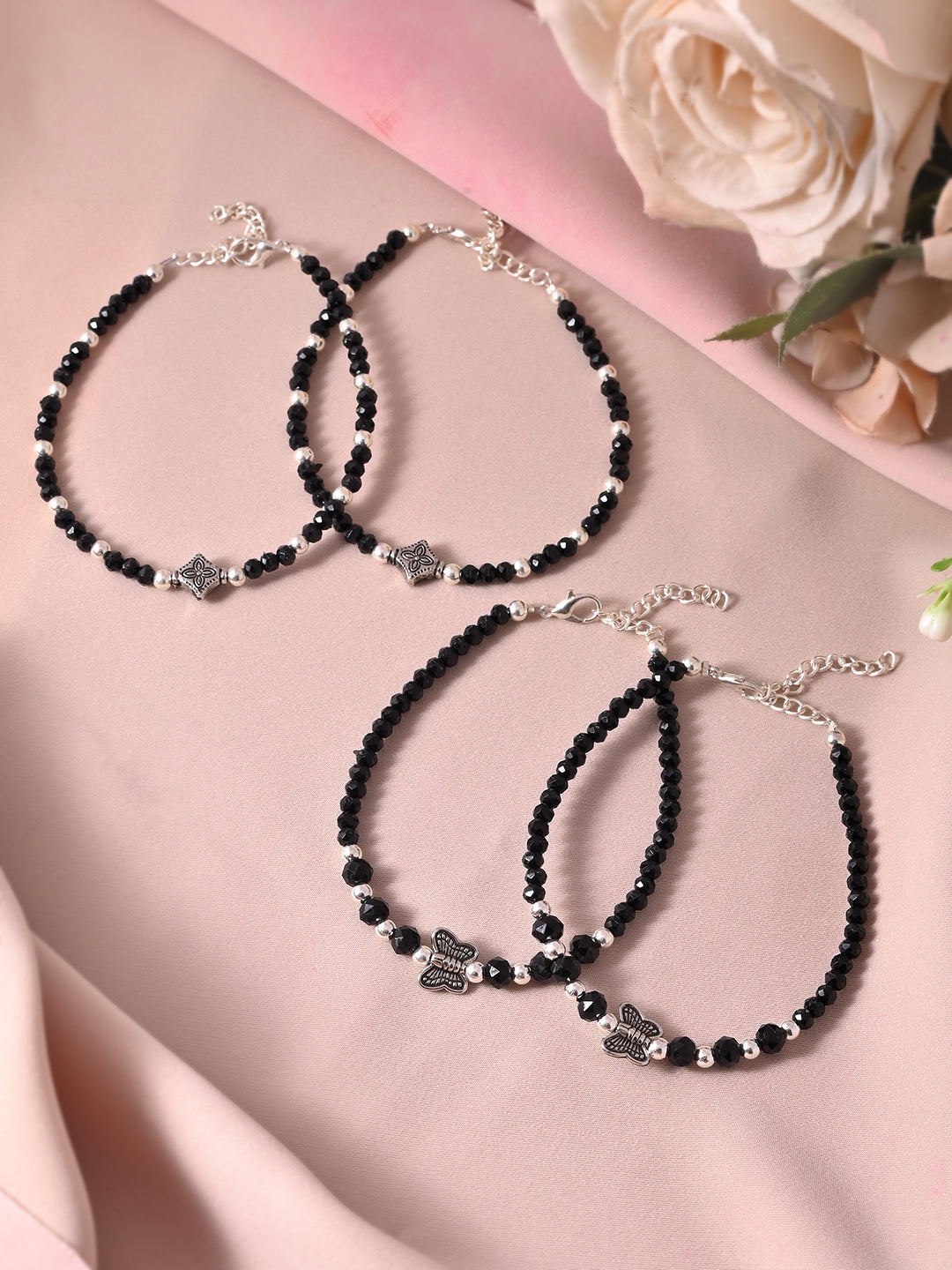 Black Beaded Silver-Plated Anklet Set For Women | Adjustable Payal Jewellery