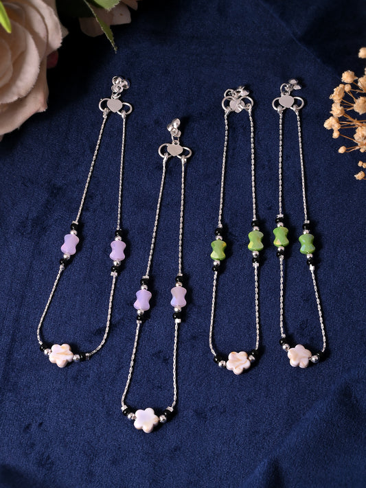 Silver-Plated Black Beaded Anklet Set For Women & Girls | Adjustable Payal Jewellery