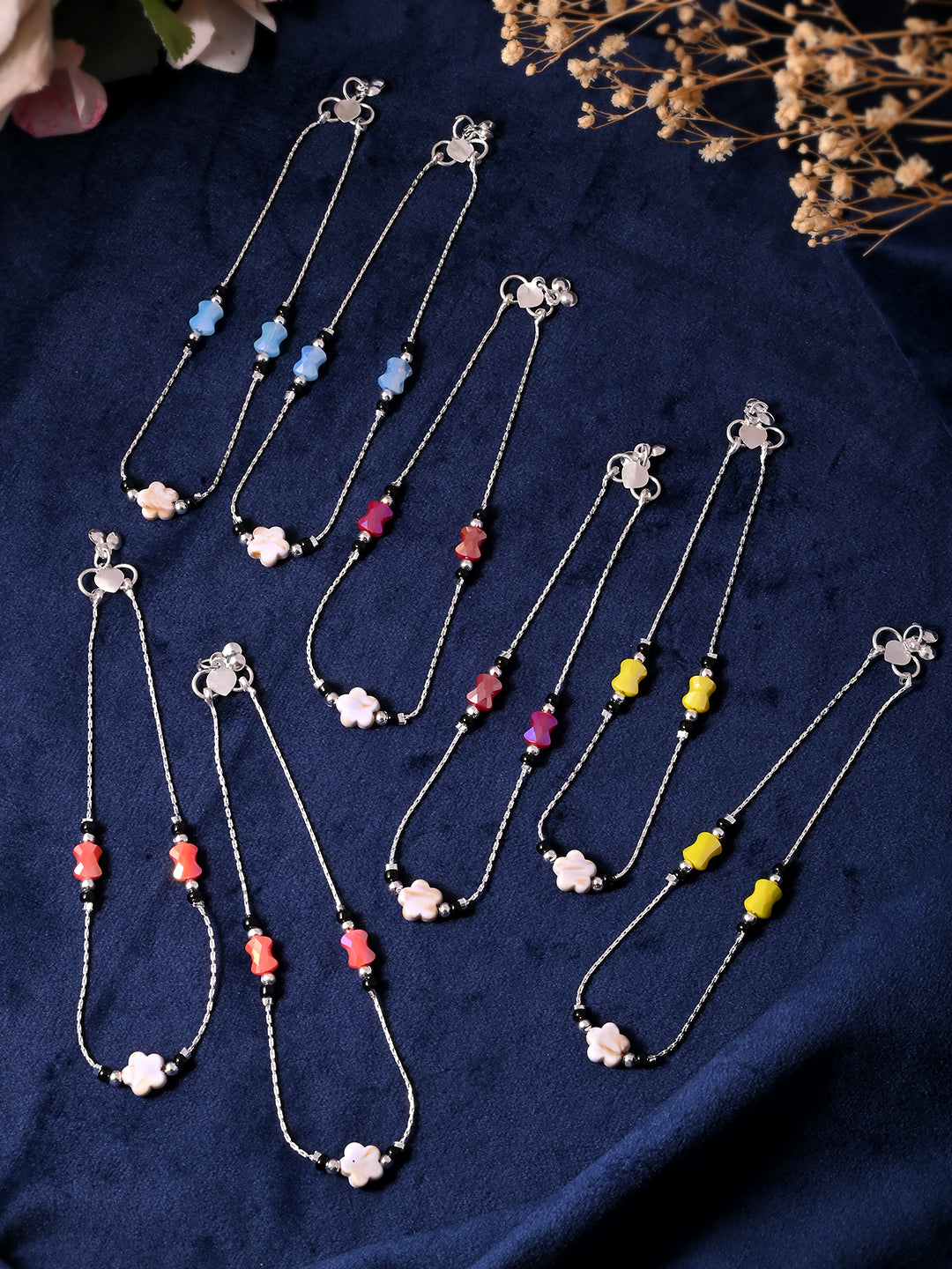 Multicolor Floral Beaded Silver-Plated Adjustable Anklet Set for Women & Girls– 5 Pairs | Ethnic Payal Jewellery