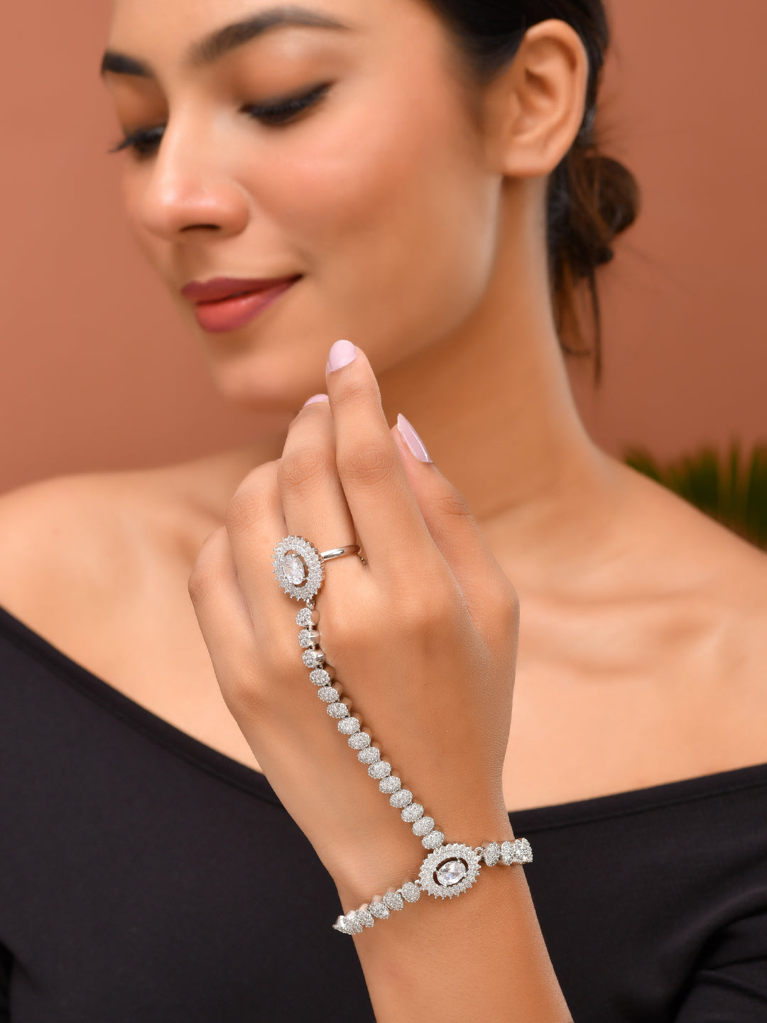 American Diamond Look Bridal Haath Phool Bracelet For Women & Girls