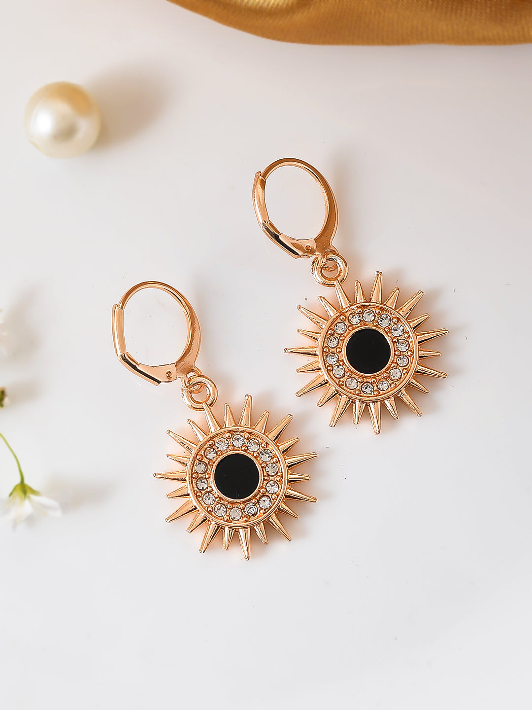 Rose Gold Color Cubic Zirconia Round Black Stone Drop Earrings