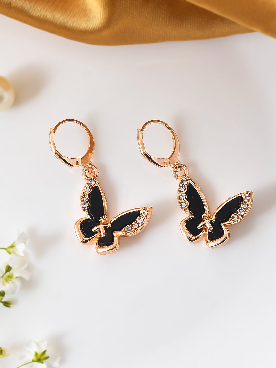 CZ Rose Gold Black Butterfly Drop Earrings for Women and Girls