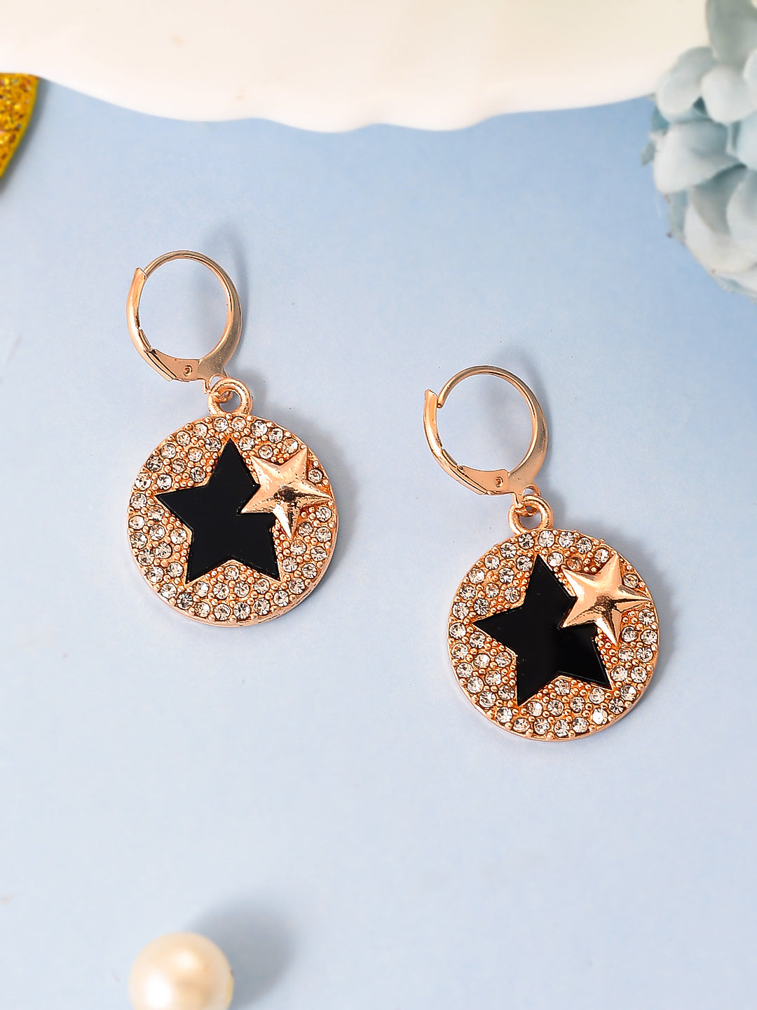 CZ Rose Gold Black Stars Drop Earrings