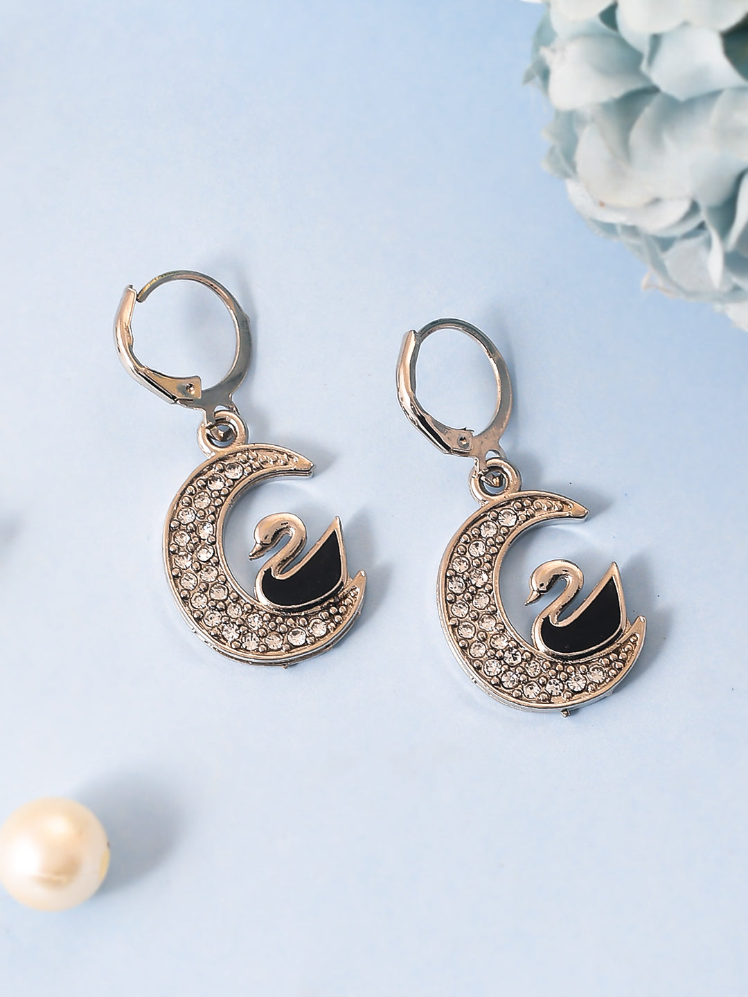 CZ Zirconia Duck and Moon Silver Plated Drop Dangle Earring