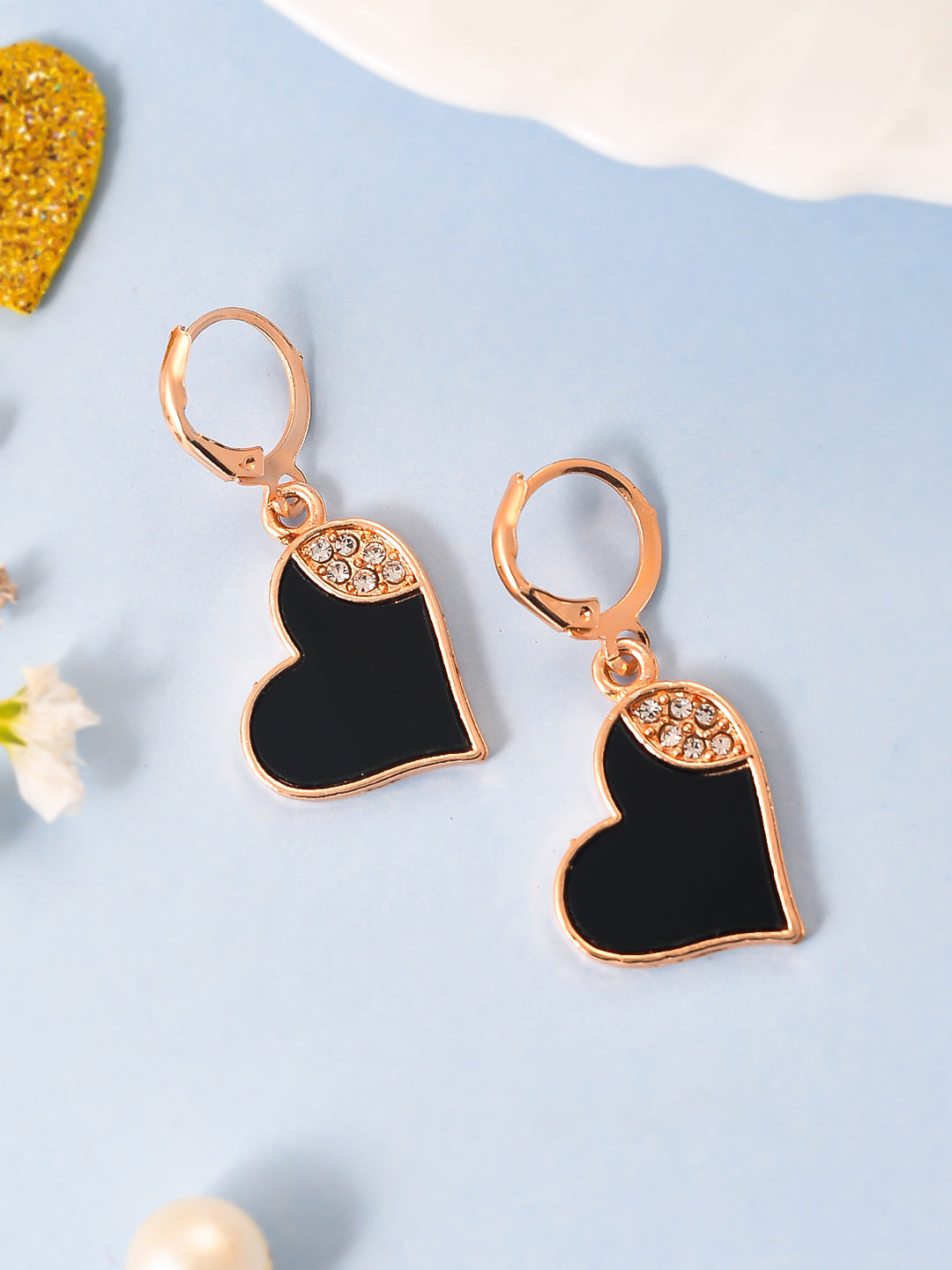 Rose Gold CZ Studded Heart Shaped Drop Earrings