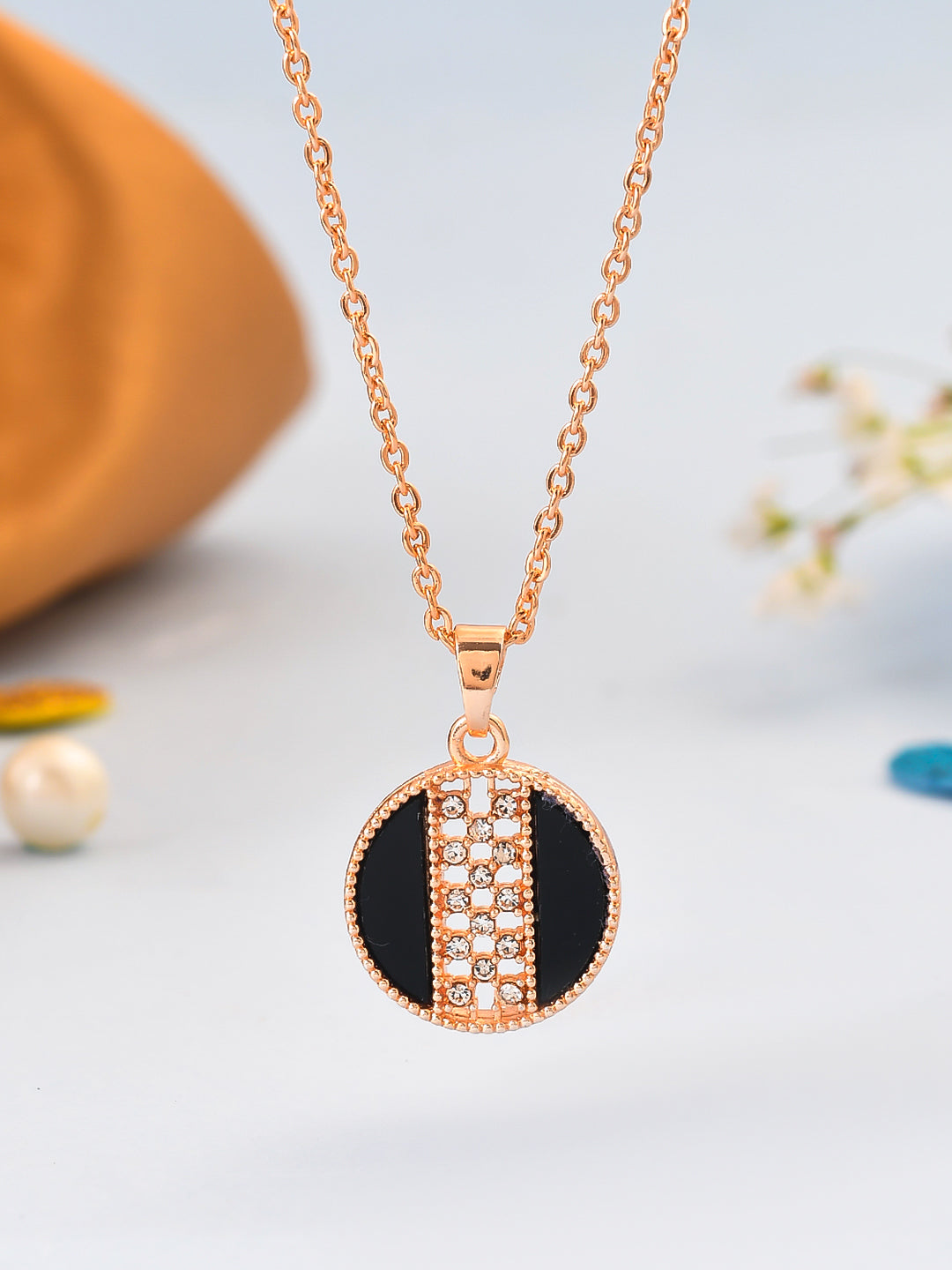 Rose Gold-Plated CZ-Studded Pendant With Chain