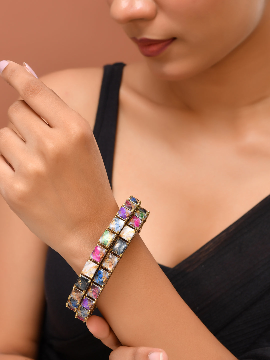 Antique Gold Multicolour Stone Bangle For Women & Girls | Traditional Ethnic Kada Set