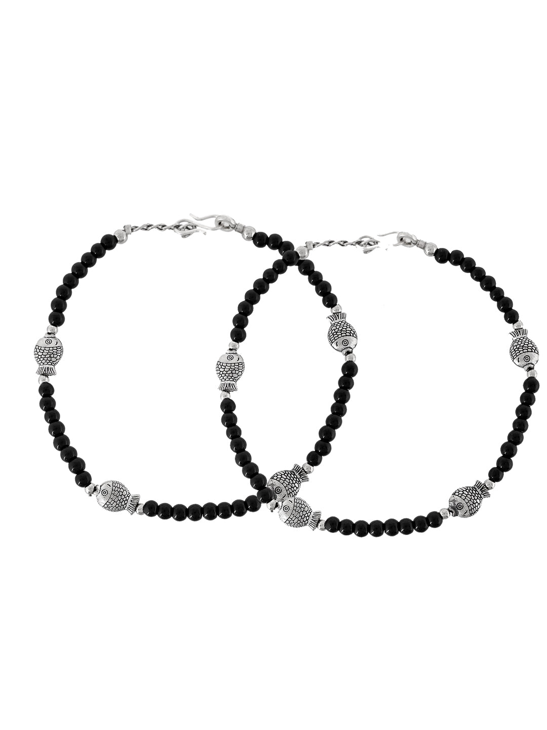 Silver Plated oxidized Black Beads Anklet With Charm