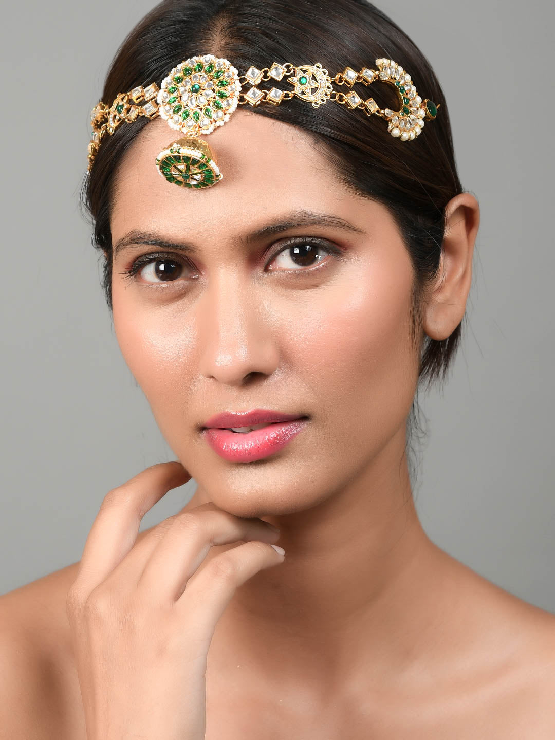 Gold-Plated Green Pearl-Studded Meenakari Matha Patti For Women