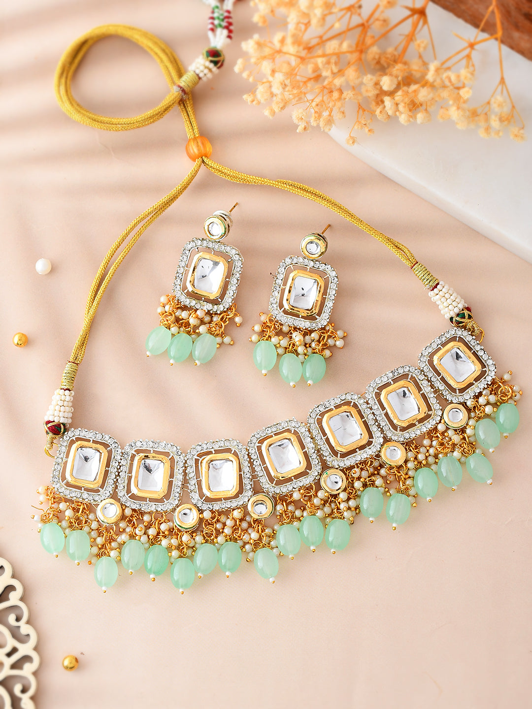 Gold-Plated & Green kunden Necklace and Earrings